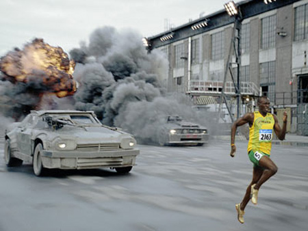 Una simpatica immagine con delle macchine e Usian Bolt